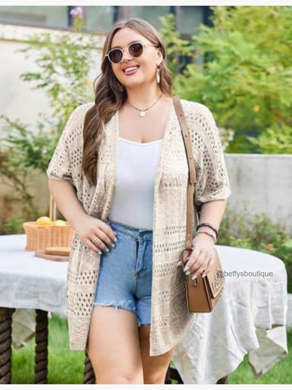 Plus Size Crochet Cardigan - Lightweight Open Front Kimono Summer Knit - Picture 2 of 7